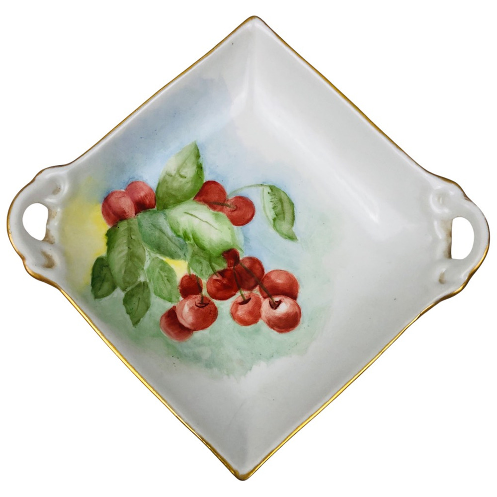 Vintage M Massimiano Porcelain Pedestal Dish Signed Fruit Handled Cherries 6.75"